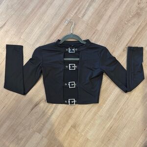 Black Crop Top with Belt Accents